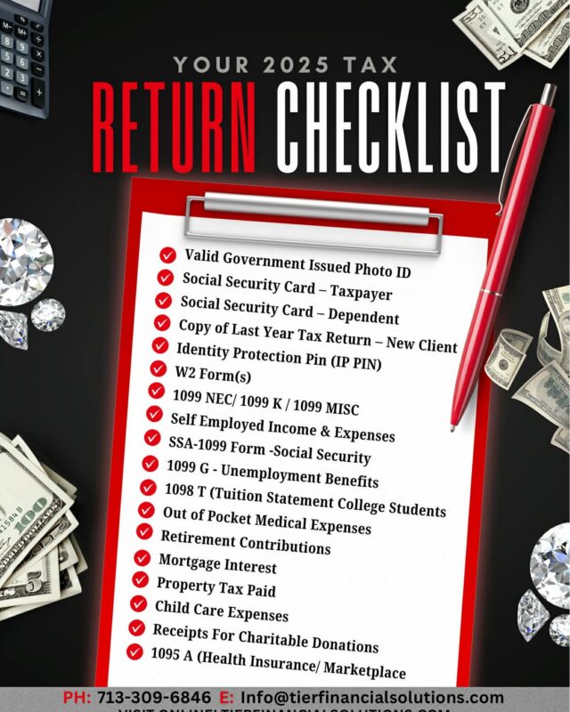 Tax season is officially here, and TIER Financial Solutions is now open for the 2025 filing season.

Whether you’re filing as an individual, self-employed, or a small business owner, we provide accurate, compliant, and strategic tax preparation—so you can file with confidence, not stress.

As a Top 5 Pulaski County Tax Representative, our focus goes beyond compliance. We help you file with your financial goals in mind.

🗂️ Appointments are now available
📅 Book early — peak season fills fast
🔗 Start your intake today (link in bio)

File smart. File early. File with TIER.

#TaxSeason2025 #FileWithConfidence #TierFinancialSolutions