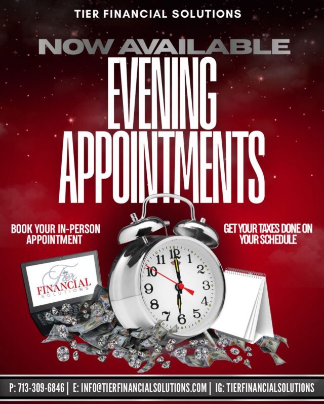 Evening appointments are now available at TIER
Financial Solutions. If you’re a late filer or need clarity before submitting your return, now is the perfect time to get on the schedule. Use the link in our bio or in the comments to book your appointment.
•
•
•
#SomebodysFavoriteTaxLady #TaxSeason #TaxSupport #TIERFinancialSolutions