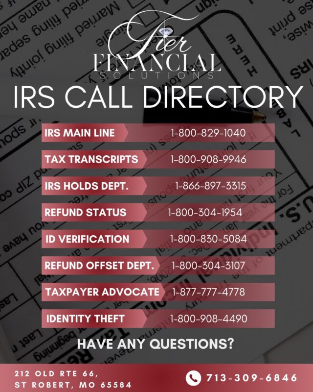 Need to contact the IRS but not sure where to start?

Save this directory for quick access to the right department — from refund status and transcripts to ID verification and identity theft support.

Having the correct number can save you time and frustration.

If you’d rather not navigate it alone, TIER Financial Solutions is here to guide you every step of the way. Here's our number as well. Call us today 📞 713-309-6846!

#TIERFinancialSolutions #IRSSupport #TaxHelp #RefundStatus