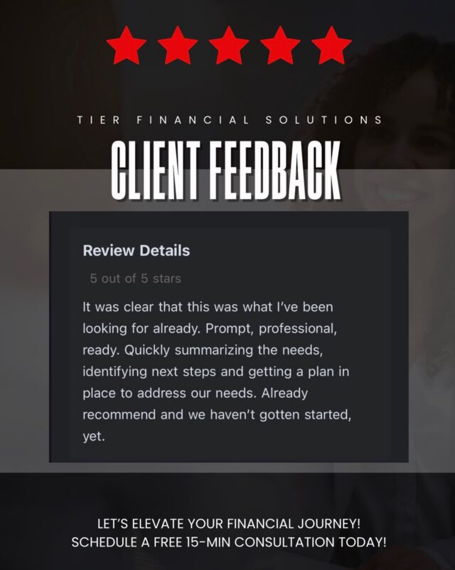 Nothing speaks louder than the experience of our clients. We’re honored to receive feedback like this and grateful for the trust placed in TIER Financial Solutions.

“Prompt, professional, and ready… Quickly summarizing our needs, identifying next steps, and creating a plan before we’ve even gotten started.”

Our mission is simple: provide clarity, strategy, and confidence so you can focus on growing your business while we help navigate the financial side.

Thank you for allowing us to be part of your journey. 
Your success is our success. 

Ready to experience the TIER Financial Solutions difference?

📅 Schedule your FREE 15-minute consultation today and let’s build a financial strategy that works for you.

#ClientSpotlight #ClientFeedback #FiveStarService #TIERFinancialSolutions #SmallBusinessSupport m