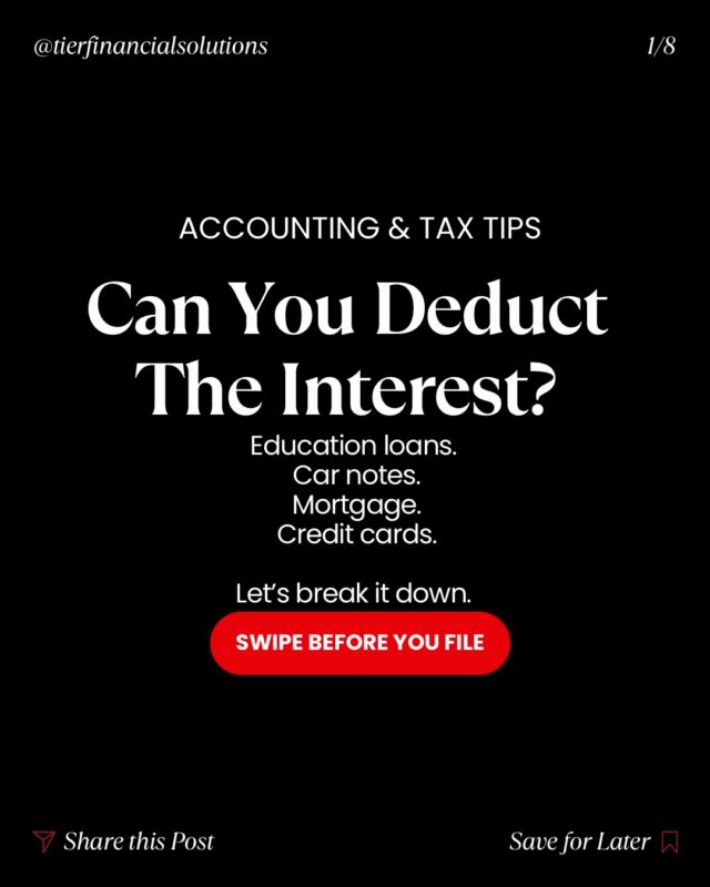 Not all interest lowers your taxes.
Student loans, car notes, mortgages, credit cards — they’re all interest, but they’re not all treated the same on your tax return.
Some interest can reduce your taxable income.
Some interest is not deductible at all.

And some may only qualify if it’s tied to business use.
Understanding the difference could save you hundreds — even thousands — on your taxes.

Before you assume something is deductible, make sure it’s reviewed correctly.

📌 Save this post for tax season
📤 Share it with someone filing soon

If you want your return reviewed by a professional:
Book a free 15-minute consultation today.

📍 TIER Financial Solutions
⭐ 5-Star Rated Tax Preparation

#TaxTips #TaxSeason #TaxPreparation #SmallBusinessTaxes #TaxDeductions #FinancialLiteracy #TaxProfessional #EntrepreneurTaxes #IRS #TIERFinancialSolutions