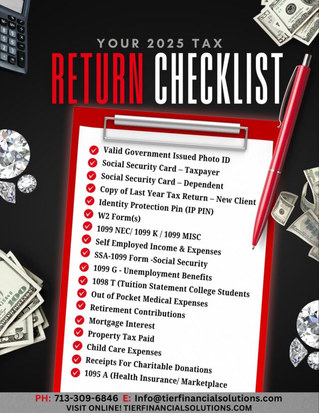Your 2025 Tax Checklist just got a whole lot easier. ✔️
 At TIER Financial Solutions, we’re taking the stress out of tax season with personalized guidance, transparent communication, and the strategy you deserve. From gathering documents to filing with confidence, we’ll handle every step so you can focus on what matters most growing, building, and thriving.

Let’s make 2025 your most financially organized year yet! Your tax needs. ✨

Our expertise. One seamless process.

Join our VIP Priority List here ➡️ @tierfinancialsolutions 

#TierFinancialSolutions #TaxSeason2025 #TaxPrepServices #SmallBusinessTaxes #EntrepreneurLife #FinancialClarity #GetOrganized2025 #MissouriBusiness #VirtualTaxPreparer #BookkeepingSupport #FinancialCoaching #TaxReady #MoneyMoves #BusinessFinances #TaxProTips