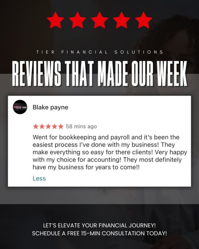 Client Appreciation Alert! 📌
A 5-star review just dropped for our Payroll + Bookkeeping services, and we’re receiving it with deep gratitude! 

At TIER Financial Solutions, we don’t just manage numbers we build trust, deliver clarity, and empower our clients to grow with confidence. Every review is a reminder that intentional service leaves a lasting impact.

To our payroll client: thank you for choosing us. Your words fuel our mission and momentum! 

Accurate. Timely. Empowering. That’s the TIER standard.

———-
#TIERFinancialSolutions #Accountant #SmallBusinessSupport