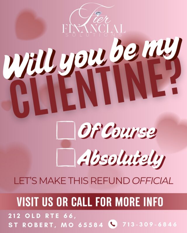I hope it’s not too late to ask… will you be my clientine? 💌💰

Tax season is here and TIER Financial Solutions is ready to say “I do” to your refund. Whether you need a course or you’re ready for us to handle it all for you — we’ve got you covered.

Let’s make this refund official. 💍✨

📍 212 Old Rte 66, St. Robert, MO 65584
📞 713-309-6846

#TIERFinancialSolutions #BeMyClientine #TaxSeason2026 #RefundReady