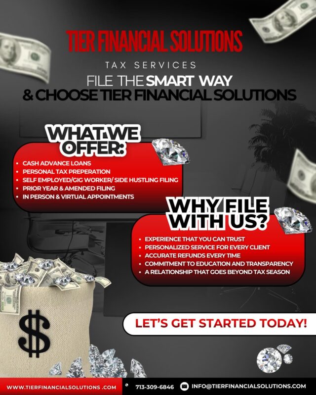 TAX SEASON STARTS THIS FRIDAY! 📌
TIER Financial Solutions is now accepting new clients and welcoming back our loyal returning clients with open arms and expert care.

Need funds fast? Cash Advance Loans available starting January 2nd no hassle, no stress.

✨ Why file with us?
Because we don’t just do taxes, we educate, empower, and help you strategize for the year ahead. Our process is accurate, efficient, and drama-free, so you can file with confidence and peace of mind.

Let’s make this your smoothest tax season yet.

#TIERFinancialSolutions #TaxSeason #CashAdvanceReady #FileWithConfidence #TaxPro