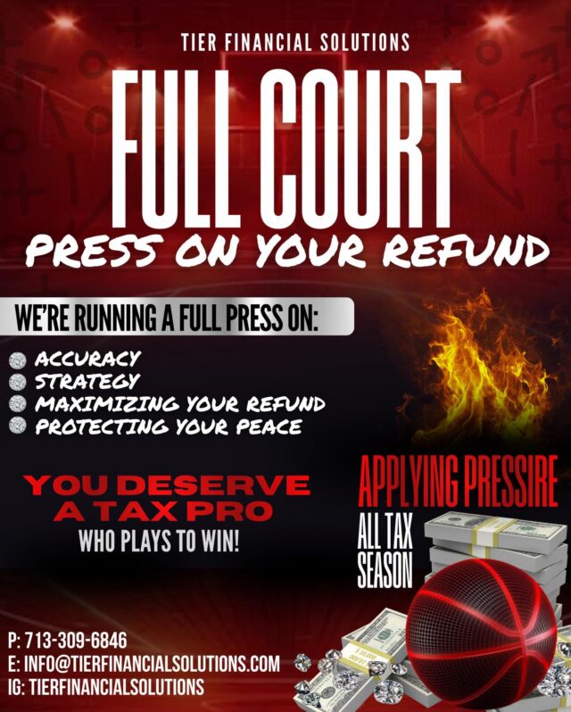 Tax season is in full motion, and we’re running a full-court press on your peace, accuracy, and refund.

You deserve a tax professional who shows up with strategy and delivers results.
Let’s get your return done right - and done on time.
•
•
•
#TIERFinancialSolutions #TaxTime
#TaxPreparation #RefundSeason #TaxExpert