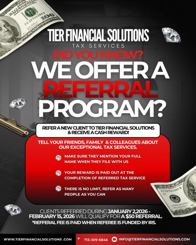 💸 Earn $50 Just for Sharing TIER Financial Solutions 💸

If you love our services, tell a friend — and we’ll thank you with $50 for every referral who files with us this tax season. It’s that easy.

Help someone get their taxes done right, and get rewarded for spreading the word.
 Start referring today!

#TierFinancialSolutions #ReferralProgram #TaxSeason2026 #TaxPrep #ShareAndEarn #FinancialServices #TaxPros