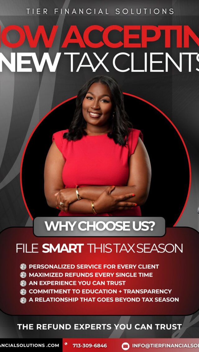 TIER Financial Solutions is now accepting clients new and returning.

YOUR GO-TO TAX LADY is ready to serve you with:
✅ Same-day Cash Advance Loans
✅ Year-round support for personal + business finances
✅ Auto Protection add-ons to keep you covered
✅ Client Referral Bonuses—earn when you share the TIER experience
✅ A trusted, drama-free space where clarity meets compassion

Whether you’re prepping for tax season or need strategic guidance for your business, I’m here to help you build, grow, and flourish.

📍In-office + virtual appointments available
📞 (713) 309-6846
📧 info@tierfinancialsolutions.com

#TIERFinancialSolutions #TaxSeason #YourGoToTaxLady #CashAdvanceReady #ReferralBonus
