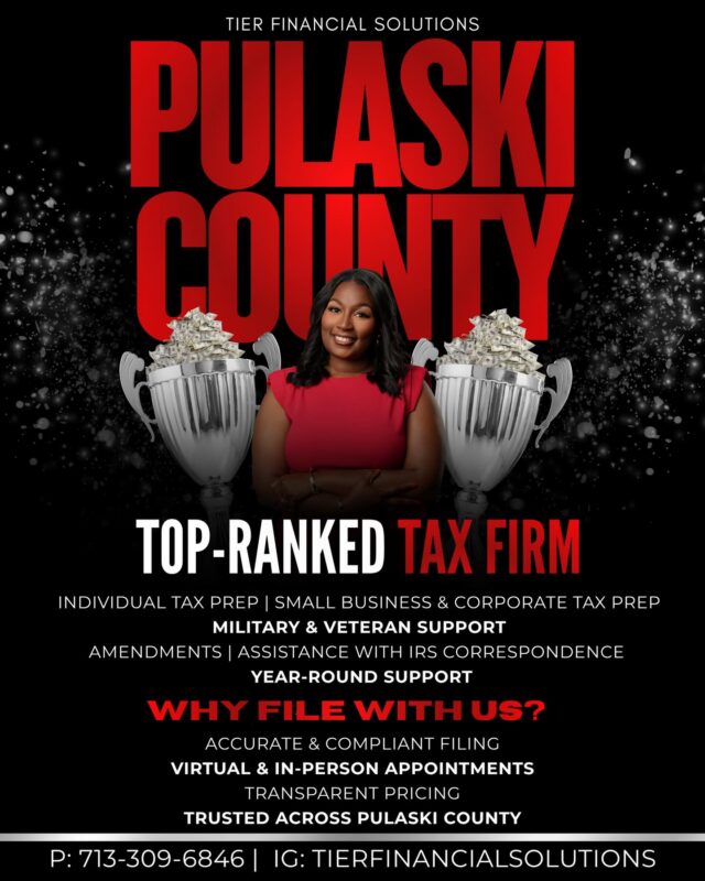 TIER Financial Solutions is officially a TOP‑RANKED Tax Preparation Service in Pulaski County!

Thank you to every client and community partner who continues to trust TIER with your tax needs. Your support has pushed this little business into BIG impact! 

Tax season isn’t over, we are still accepting clients.
Whether you need:
• Individual tax prep
• Small business or corporate filing
• Military or veteran support
• Amendments or IRS correspondence help
• Virtual or in‑person appointments

We here to assist with accuracy, transparency, and year‑round support.

Let’s finish this season strong.
•
•
•
#TaxSeason #TaxSupport #FileWithTIER #TIERFinancialSolutions #FYP