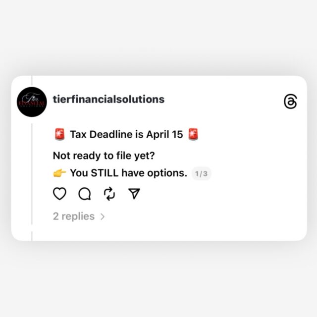 The tax deadline is April 15… but that doesn’t mean you’re out of time 👀

If you’re not ready to file, the WORST thing you can do is ignore it.

At TIER Financial Solutions, we help you file extensions the right way—so you stay compliant, avoid penalties, and give yourself time to do it correctly 💼✨

Because rushing your taxes can cost you more than waiting.

⏳ Don’t wait until it’s too late

📲 Text “EXTENSION” to 713-309-6846
Let’s get you filed and positioned to win

#TaxSeason #TaxExtension #FileYourTaxes #tierfinancialsolutions #taxtips