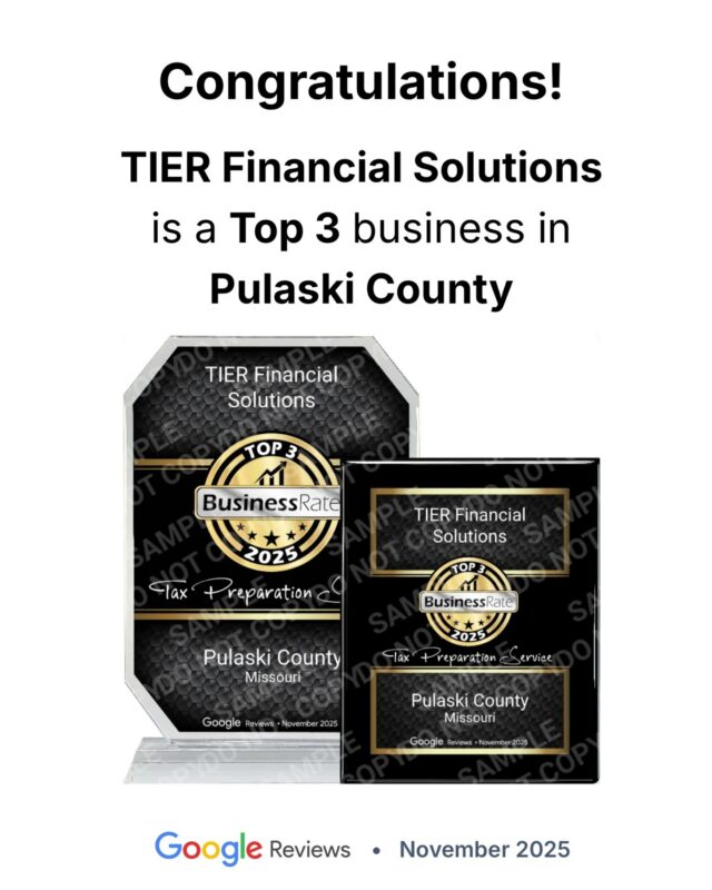 We’re officially a Top 3 Tax Preparation Service in Pulaski County 🏆

Trusted. Proven. Results-driven.
When it’s time to file, choose the team your community already trusts.

📍Local expertise
📊 Accurate filings
💼 Personal & business taxes
📲 Book your tax appointment today — spots fill fast!

#tierfinancialsolutions #pulaskicountysmallbusiness