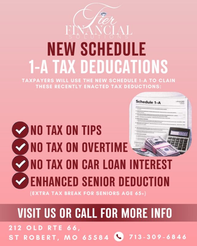 Big tax changes are here—and you don’t want to miss them.

The new Schedule 1-A deductions could mean real savings for taxpayers, including workers, seniors, and everyday earners. Knowing what qualifies (and how to claim it correctly) matters more than ever.

At TIER Financial Solutions, we stay ahead of the changes so you don’t have to. Let’s make sure you’re taking advantage of every deduction you’re entitled to—accurately and compliantly.

📞 Call or visit us for more information

#TierFinancialSolutions #TaxUpdates #Schedule1A #TaxDeductions #TaxSeason2026 #FinancialEducation #TaxPlanning