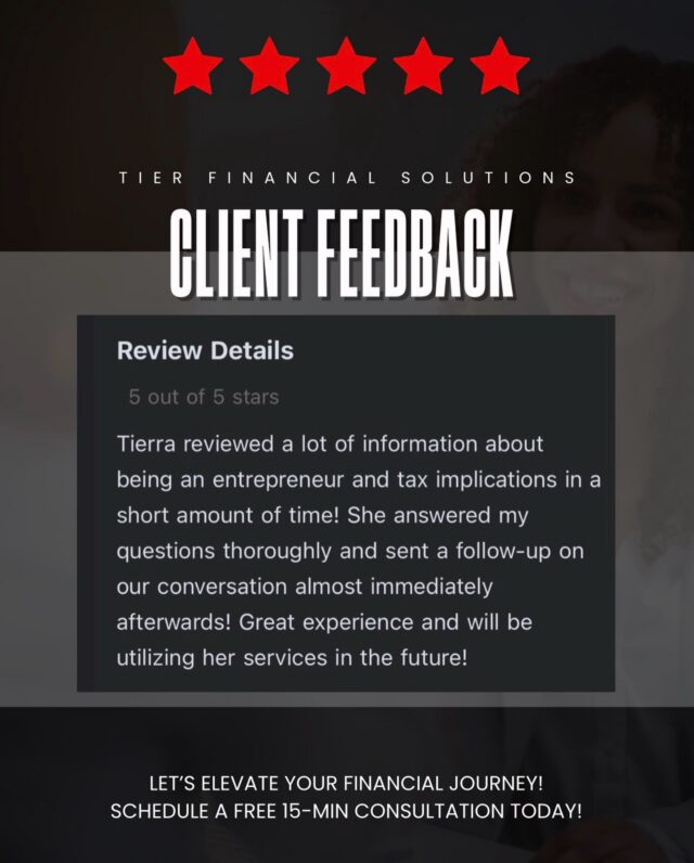 Another 5‑star experience! ⭐️⭐️⭐️⭐️⭐️
If you’ve been thinking about getting your business and tax strategy together, let’s talk. Book your FREE 15‑minute session today.

Let’s connect 📌 booking link is in the comments and in the bio
•
•
•
#TIERFinancialSolutions #TaxStrategyExpert
#SmallBusinessSupport #FinancialConfidence