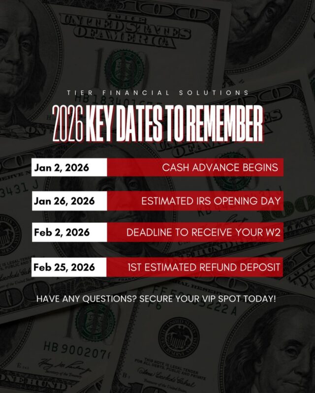 📣 2026 TAX SEASON -  KEY DATES TO KNOW!

TIER Financial Solutions is here to help you stay ready and get ahead this tax season:

🗓 January 2, 2026 – Cash Advances Begin
🗓 January 26, 2026 – Estimated IRS Opening Day for Return Acceptance
🗓 February 2, 2026 – Deadline for Employers to Issue W-2s
⏱ 7–14 Days – Average Processing & Funding Time for Early Filers
💰 February 25, 2026 – Estimated First Major Refund Deposits

PLUS: For every person you refer, you’ll earn $50 straight to your pocket when they file with us!

#tierfinancialsolutions #importantdates #taxseason
