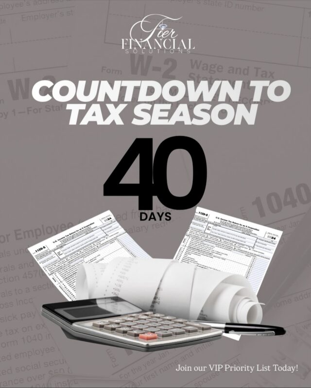 Tax season starts in 40 days. 📅

Entrepreneurs, this is your head start. January 2 kicks off filing season, and most people start sending their W-2s by mid-January. Get your books in order now so you’re not scrambling later.

✨ Need help prepping? Join the TFS VIP list here ➡️ @tierfinancialsolutions